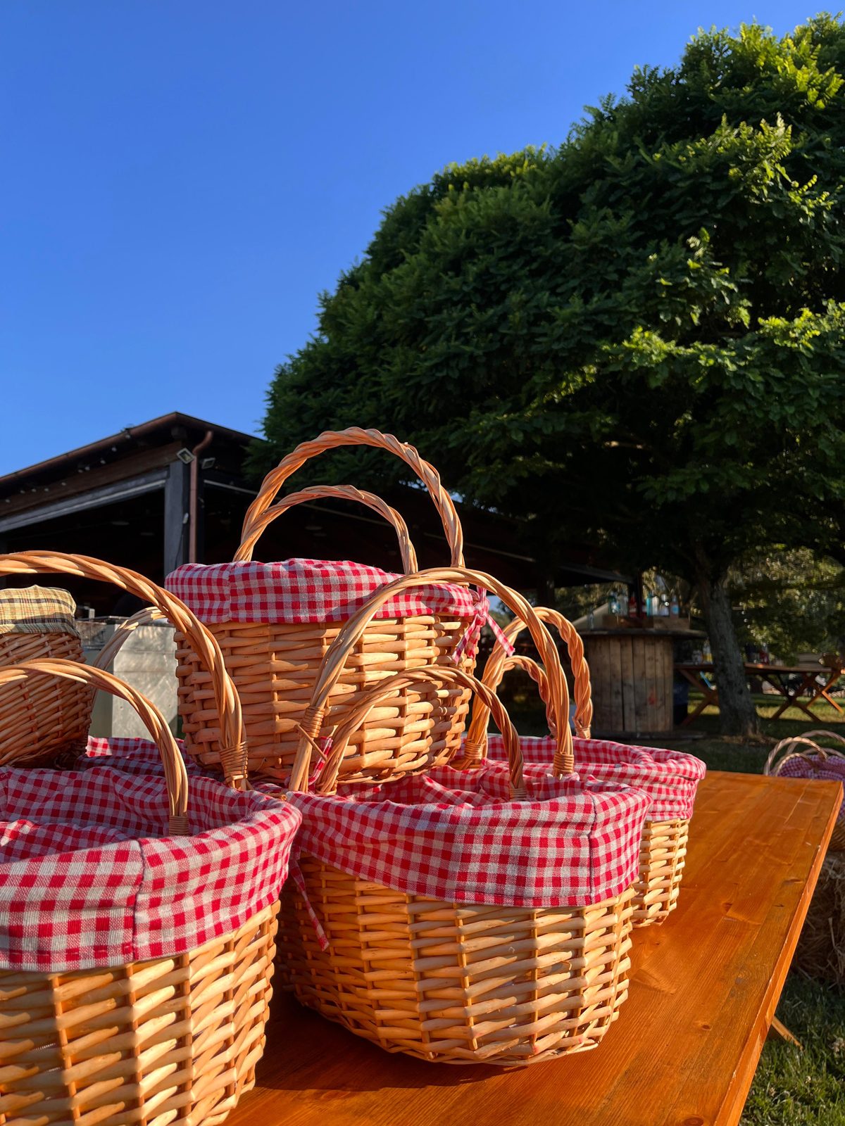 Country-chic picnic baskets prepared for a wedding at Frà Viaco