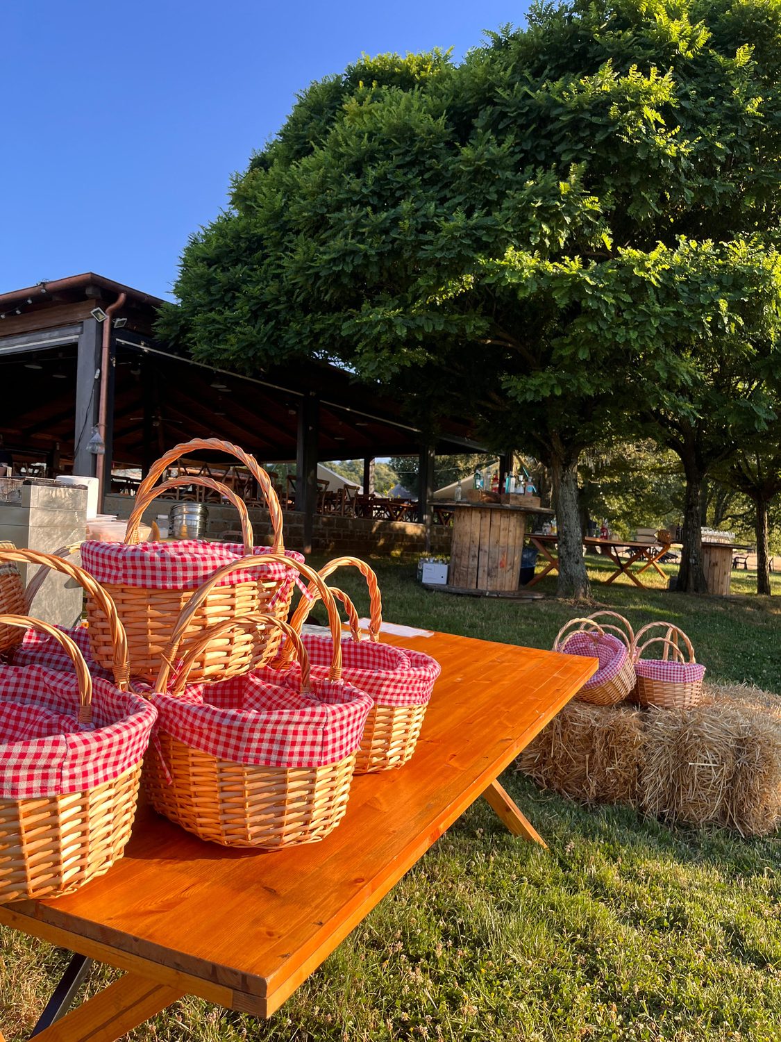 I cestini picnic sulla balla di fieno